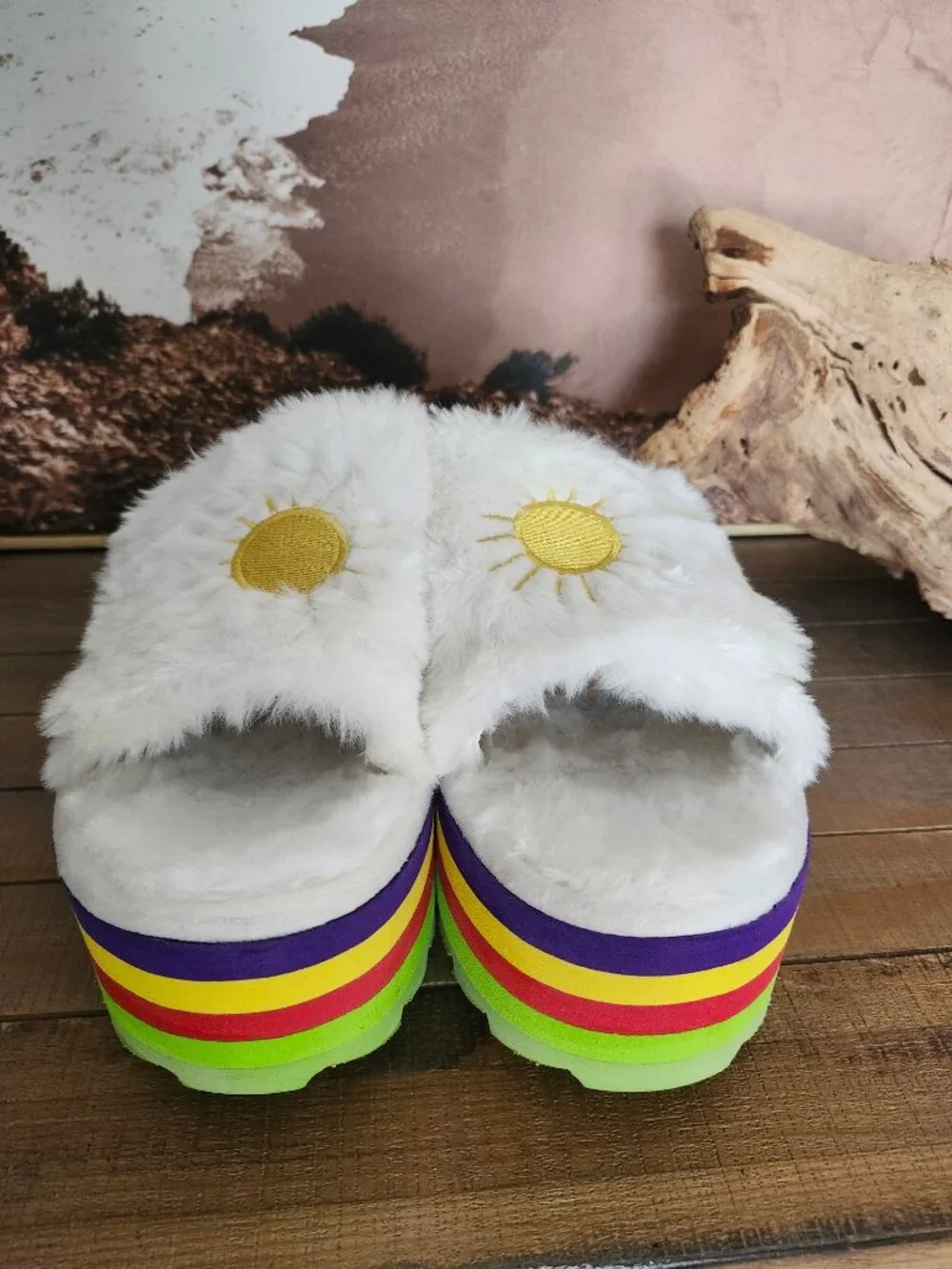 YRU x Teletubbies Qozii Rainbow Sun Platform Plush Slides Y2K Kidcore Rave 12